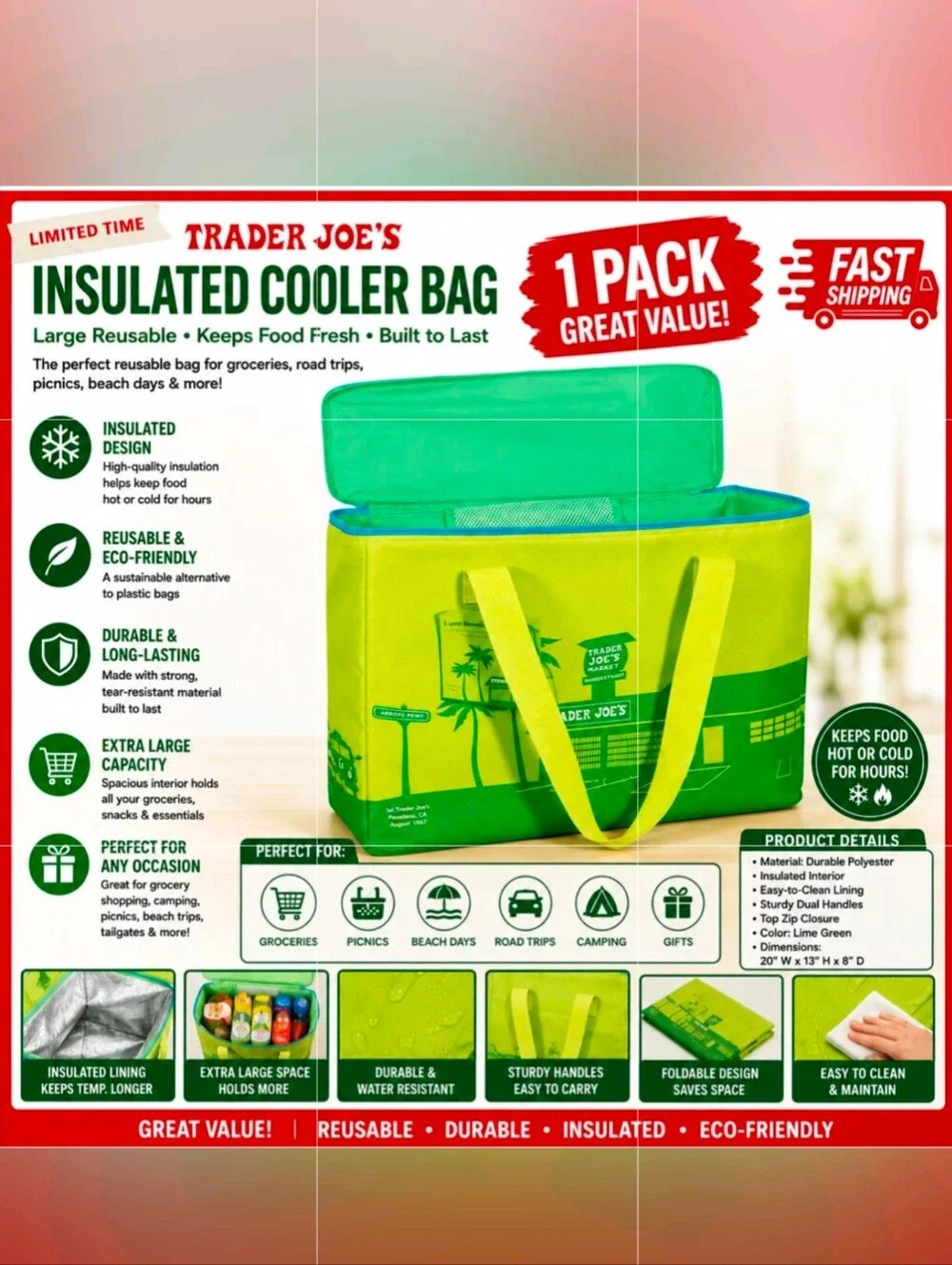 NWT Trader Joe's 8 Gal XL Reusable Bag Cooler Insulated Lime Green FREE GIFT🎁